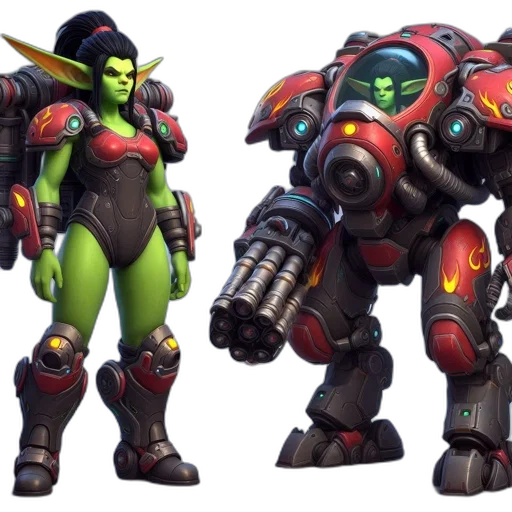 concept art, 3d render, neon, green-skinned, female, character, gun, red-black transparent PNG cut-out