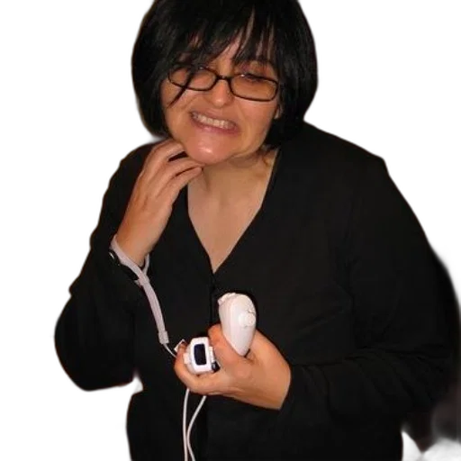 staff, jacket, weapon, face, photorealistic, woman, glasses, holds transparent PNG cut-out