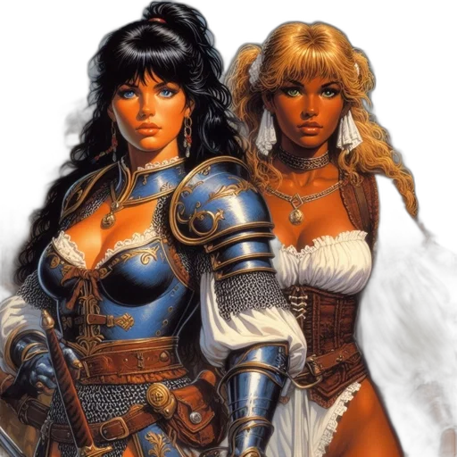 fantasy art, concept art, comic book art, photorealistic, two, women, medieval, clothing transparent PNG cut-out