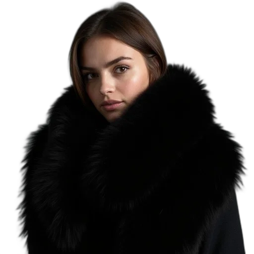 jacket, dark, large, black, fur, scarf, has, given transparent PNG cut-out