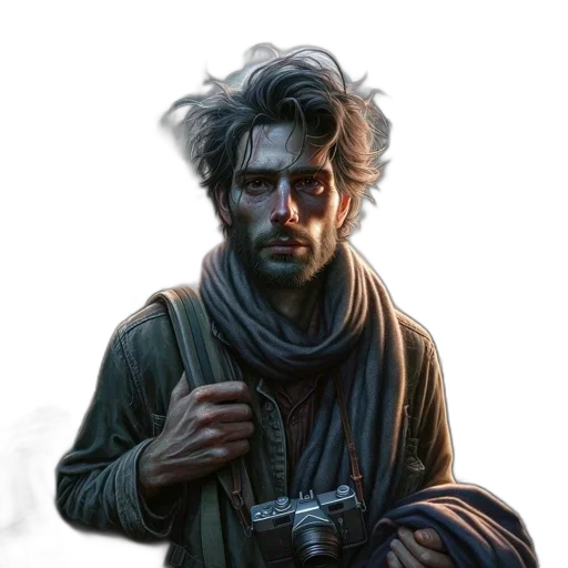face, jacket, weapon, staff, concept art, comic book art, fantasy art, photorealistic transparent PNG cut-out
