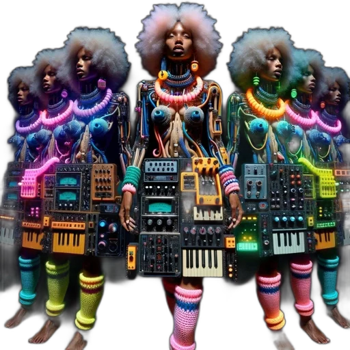 cyberpunk, concept art, colorful, neon, dark, group, robot-like, figures transparent PNG cut-out