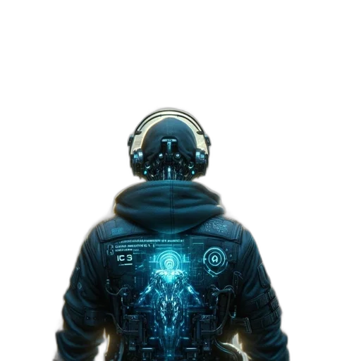 jacket, robot, mask, creature, cyberpunk, concept art, comic book art, pixel art transparent PNG cut-out