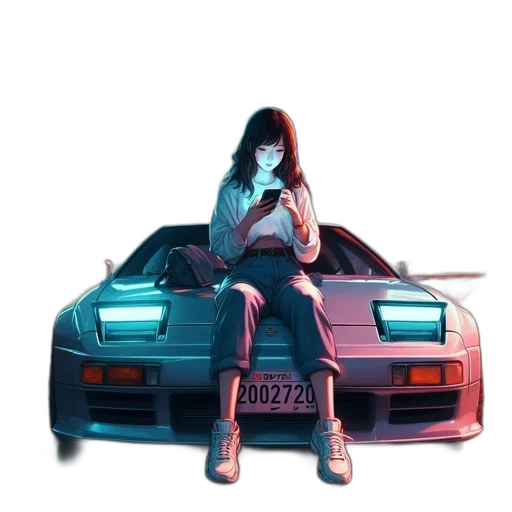 car, jacket, robot, face, anime, concept art, vaporwave, cyberpunk transparent PNG cut-out