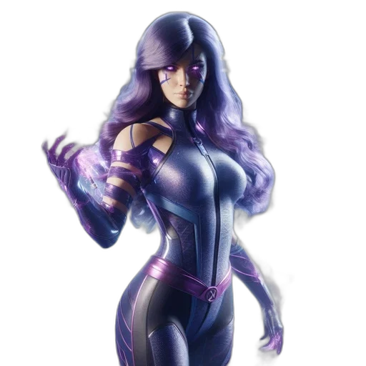 concept art, comic book art, fantasy art, 3d render, woman, glowing, purple, eyes transparent PNG cut-out