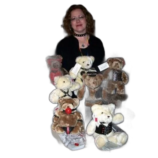staff, woman, stands, behind, table, full, teddy, bears transparent PNG cut-out
