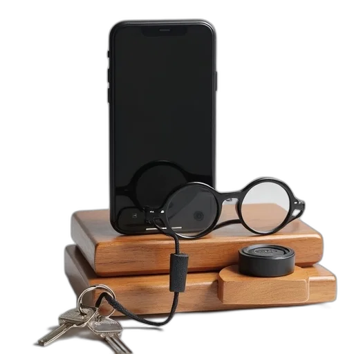 jewelry, modern, smartphone, black, screen, placed, wooden, stand transparent PNG cut-out
