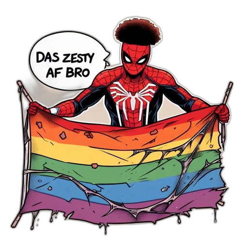 comic book art, concept art, animated, spider-man, holds, torn, rainbow, flag transparent PNG cut-out