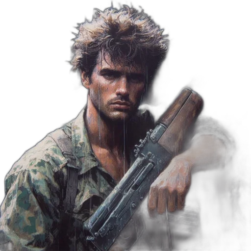 weapon, photorealistic, concept art, comic book art, oil painting, fog, intense, weathered transparent PNG cut-out