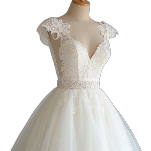 dress, 3d render, white, lace, sash, wedding, capped, sweetheart transparent PNG cut-out