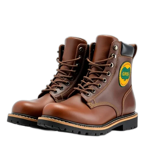 shoes, pair, brown, leather, boots, green, yellow, logo transparent PNG cut-out