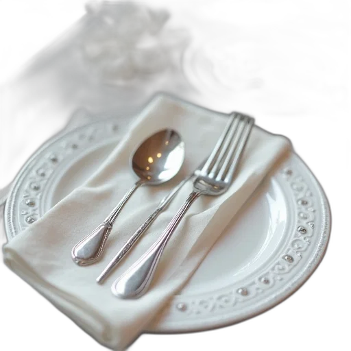 food, jewelry, 3d render, photorealistic, table, silverware, silver, cutler transparent PNG cut-out