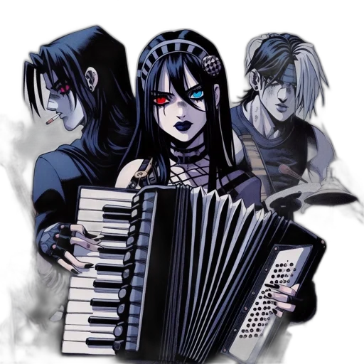 concept art, anime, fantasy art, pixel art, dark, monochrome, blue, three transparent PNG cut-out