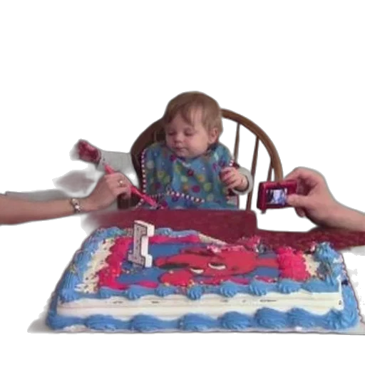 baby, sits, table, birthday, cake, decorated, cartoon, character transparent PNG cut-out