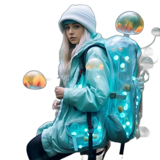 jacket, umbrella, concept art, cyberpunk, 3d render, photorealistic, neon lights, outer space transparent PNG cut-out