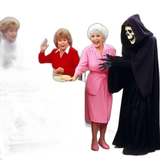 concept art, three, elderly, women, react, panic, beside, flame-spewing transparent PNG cut-out