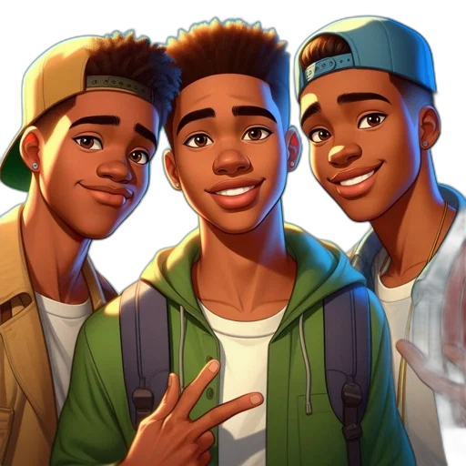 cartoon, concept art, comic book art, photorealistic, three, youths, smile, while transparent PNG cut-out