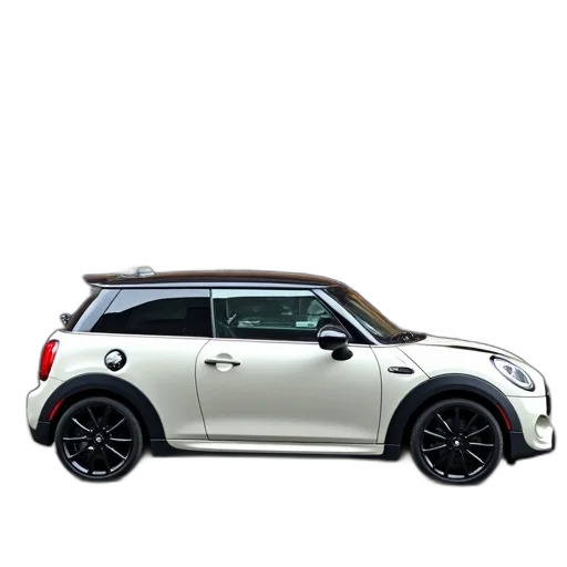 car, 3d render, photorealistic, white, mini, cooper, parked, front transparent PNG cut-out