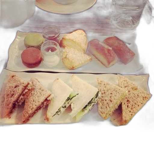 food, photorealistic, table, two, plates, sandwiches, pastries transparent PNG cut-out
