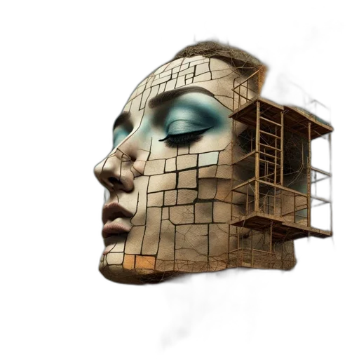 face, mask, building, robot, concept art, 3d render, cyberpunk, photorealistic transparent PNG cut-out