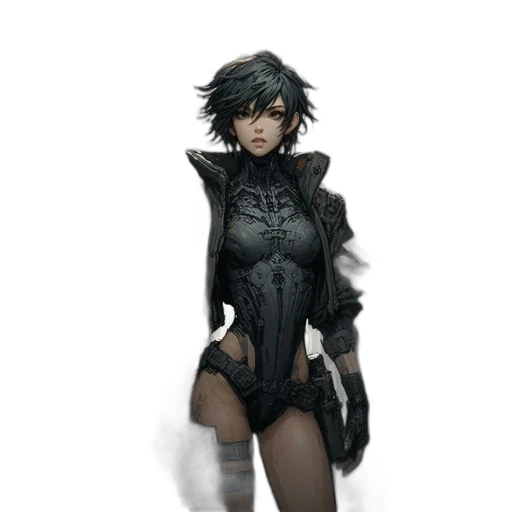 weapon, staff, jacket, concept art, cyberpunk, fantasy art, comic book art, dark transparent PNG cut-out