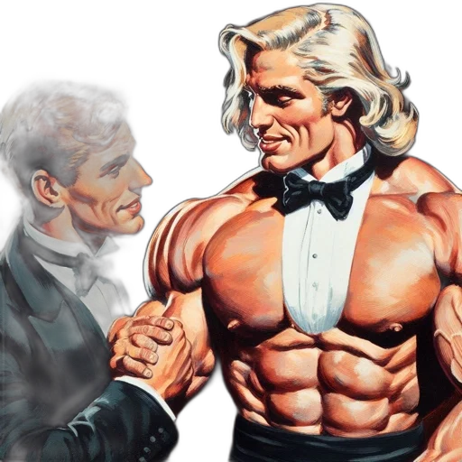 comic book art, concept art, two, contrasting, figures, one, tailored, black transparent PNG cut-out