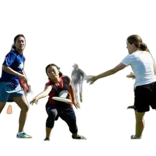 3d render, photorealistic, group, people, playing, frisbee, park, setting transparent PNG cut-out