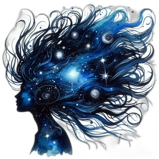 hair, crown, fantasy art, concept art, photorealistic, watercolor, outer space, blue transparent PNG cut-out