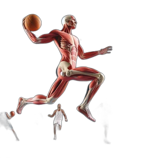 3d render, concept art, exaggeratedly, muscled, basketball, player, takes, shot transparent PNG cut-out