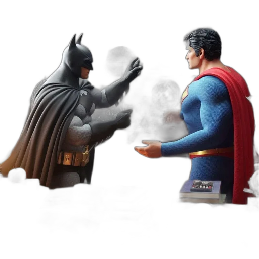 concept art, comic book art, 3d render, fire, fog, batman, superman, depicted transparent PNG cut-out