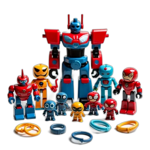 robot, concept art, 3d render, collection, various, toys, accessories, displayed transparent PNG cut-out