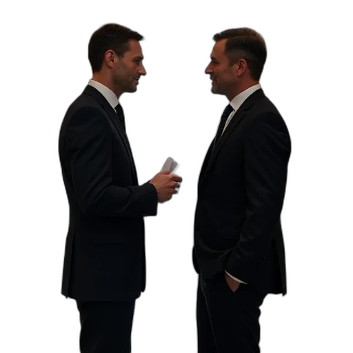 staff, face, city street, two, men, suits, engaged, conversation transparent PNG cut-out