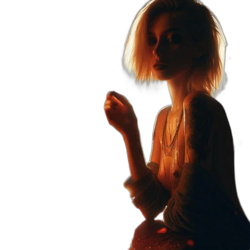 dress, jacket, hair, jewelry, neon lights, fire, golden, woman transparent PNG cut-out