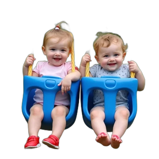 photorealistic, 3d render, two, toddlers, sitting, swing, set, blue transparent PNG cut-out