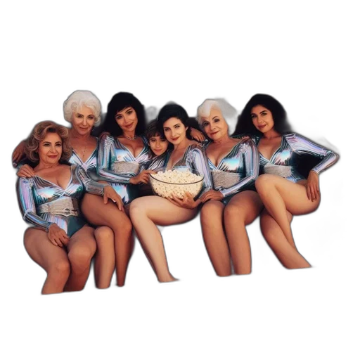 underwater, six, women, sit, together, couch, wearing, shiny transparent PNG cut-out