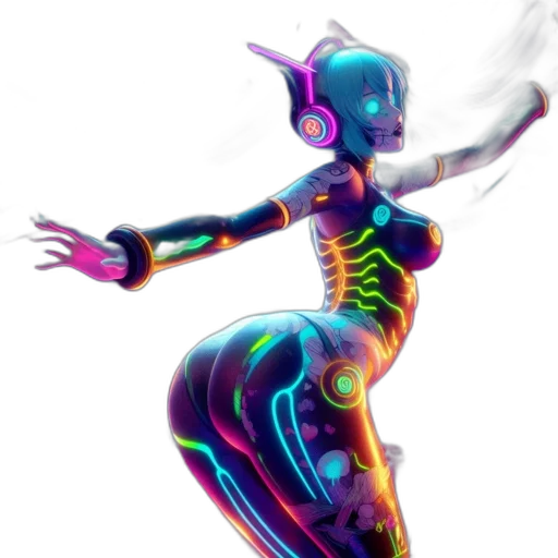 robot, dress, creature, concept art, cyberpunk, vaporwave, 3d render, neon lights transparent PNG cut-out