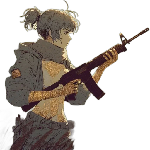 weapon, jacket, staff, concept art, watercolor, comic book art, anime, earth tones transparent PNG cut-out