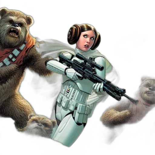 concept art, comic book art, forest, woman, white, stormtrooper, armor, wields transparent PNG cut-out