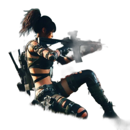 weapon, concept art, cyberpunk, 3d render, pixel art, armed, woman, futuristic transparent PNG cut-out