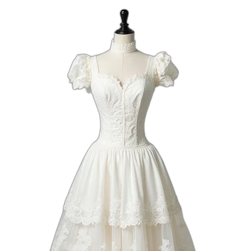 dress, white, victorian-style, lace, details, displayed, mannequin, has transparent PNG cut-out