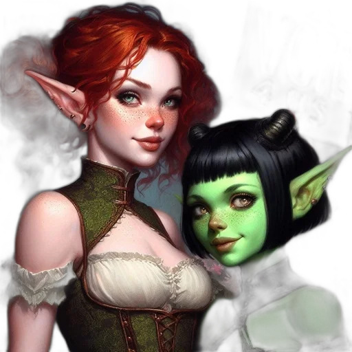 fantasy art, concept art, pixel art, comic book art, green, two, female, characters transparent PNG cut-out