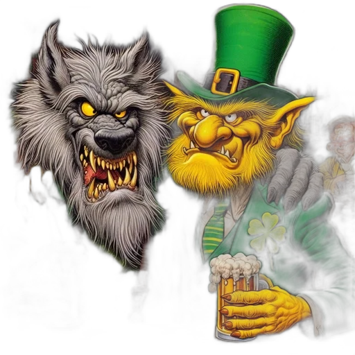 concept art, wolf, leprechaun, share, drink, bar, bartender, adorned transparent PNG cut-out