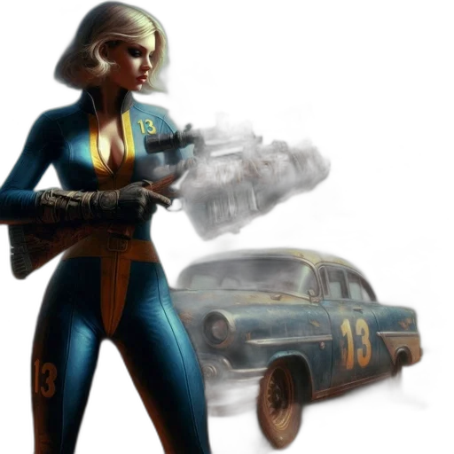 car, weapon, concept art, comic book art, 3d render, fantasy art, blonde, woman transparent PNG cut-out