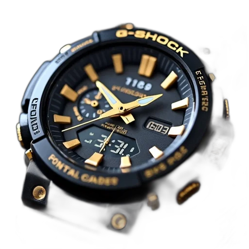 jewelry, 3d render, photorealistic, close-up, black, gold, g-shock, watch transparent PNG cut-out
