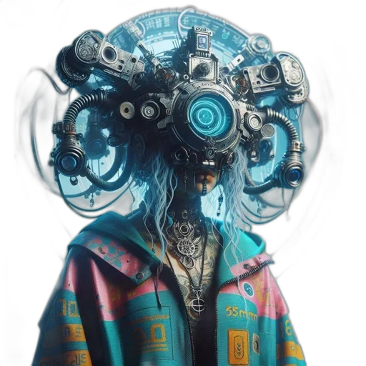 robot, jacket, mask, face, cyberpunk, concept art, 3d render, fantasy art transparent PNG cut-out