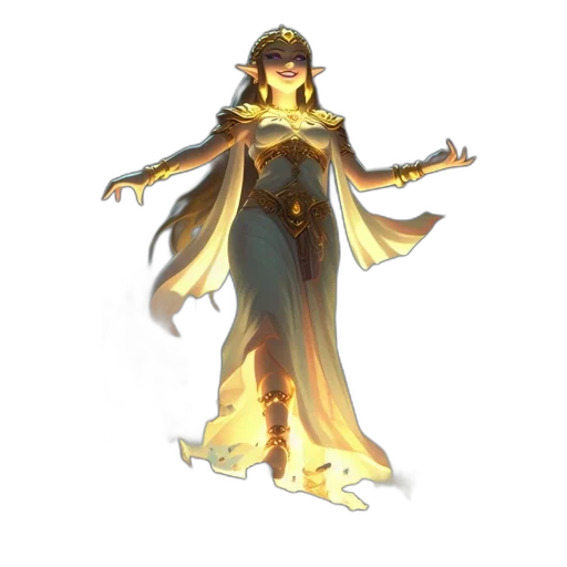 dress, staff, crown, concept art, fantasy art, pixel art, 3d render, golden transparent PNG cut-out