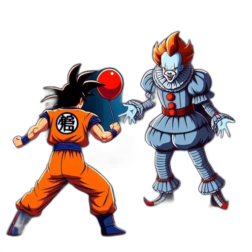 concept art, 3d render, confrontation, between, goku, pennywise, occurs, dimly transparent PNG cut-out