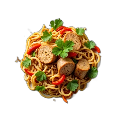 food, animal, 3d render, photorealistic, plate, colorful, noodles, vegetables transparent PNG cut-out
