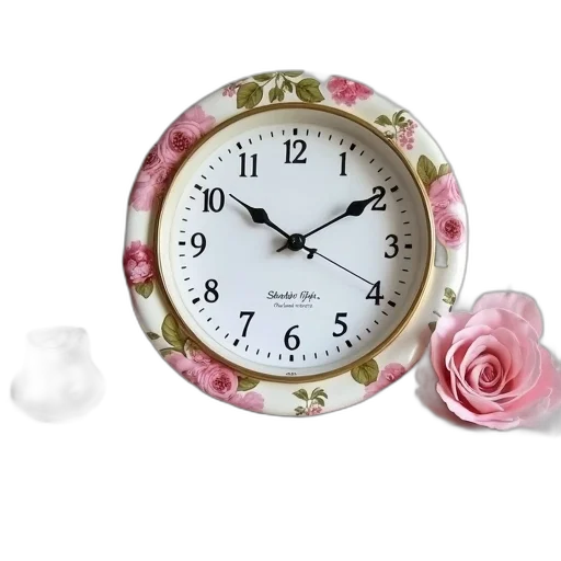 jewelry, 3d render, photorealistic, vintage-style, clock, white, pink, floral transparent PNG cut-out