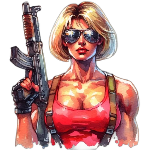 weapon, comic book art, concept art, pixel art, cyberpunk, red, woman, blonde transparent PNG cut-out